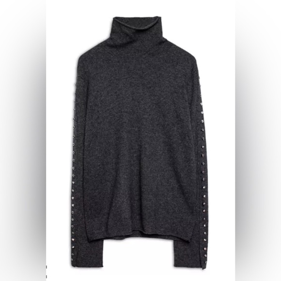 ZADIG & VOLTAIRE | dark gray wool cashmere turtleneck with studs down arms XS - Picture 4 of 12